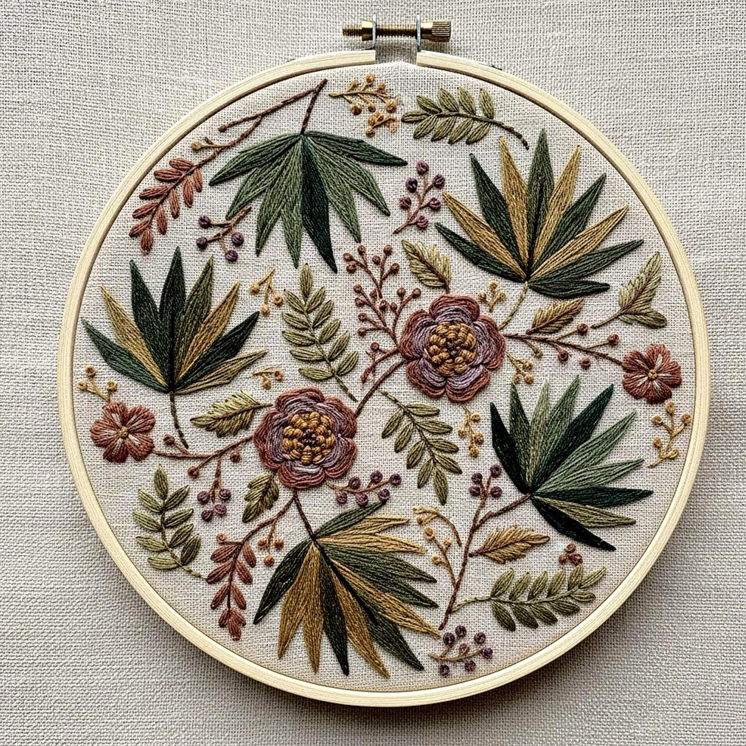 Botanical Wreath Embroidery Pattern, Earth Tone Leaves, Rustic Hoop Art ...