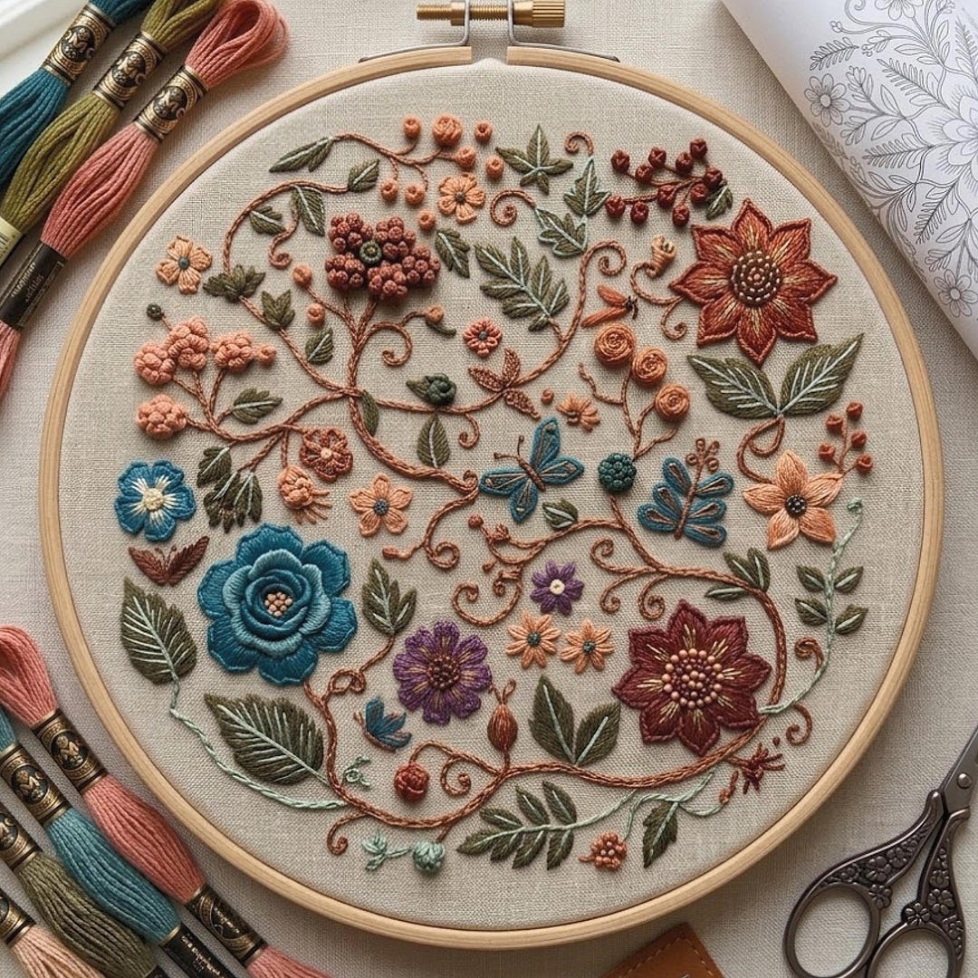 Vintage Floral Embroidery Pattern, Botanical Swirl Hoop Art, Rustic ...