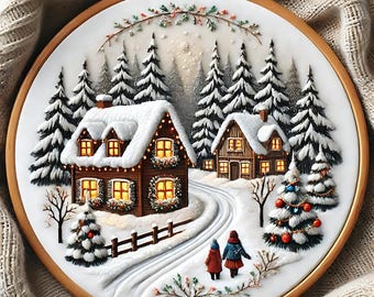 May include: Embroidered hoop art depicting a snowy winter scene with two houses, a winding path, and two figures walking towards a Christmas tree. The houses have lit windows and are surrounded by snow-covered trees.