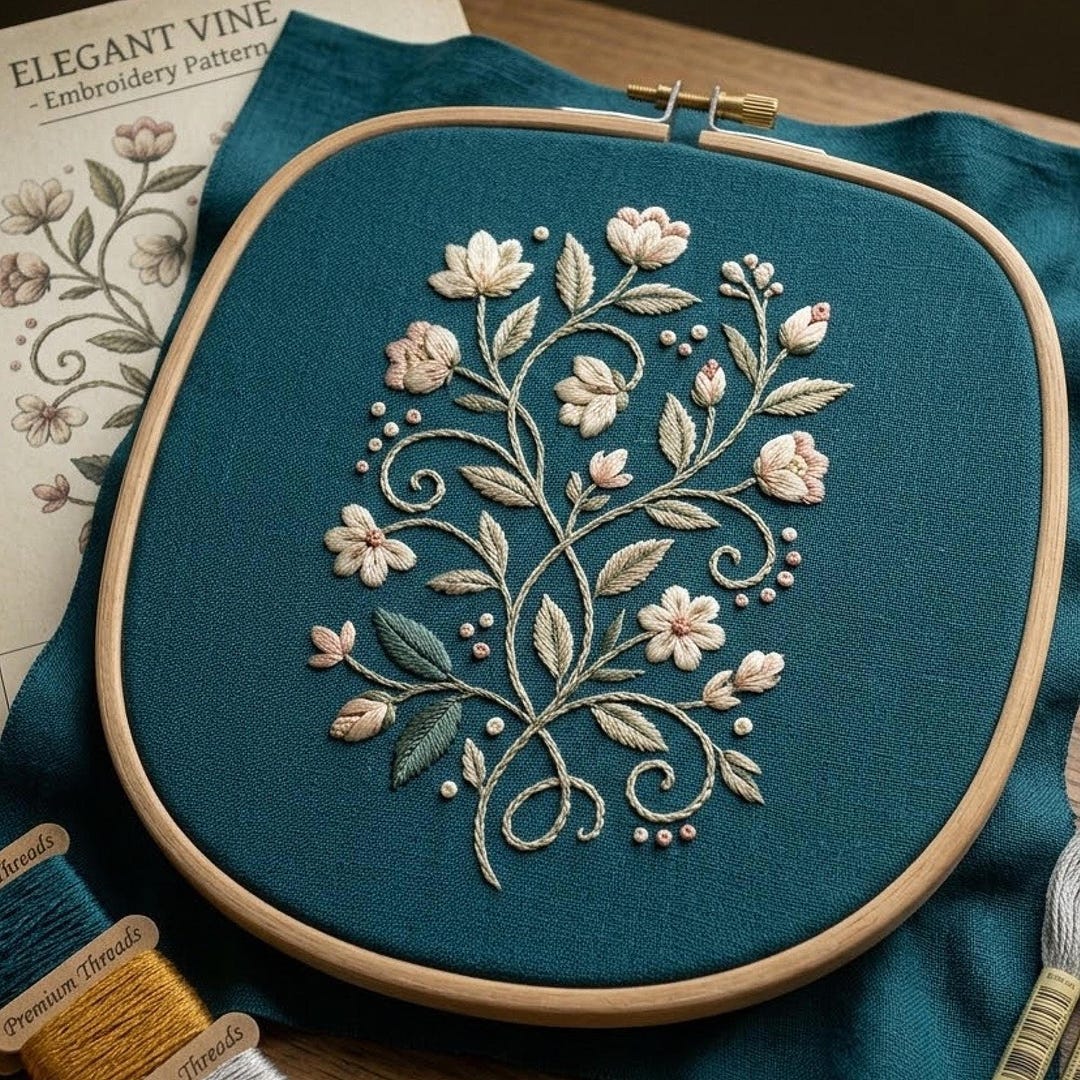 Elegant Vine Embroidery Pattern, Minimalist Floral Design, Botanical ...