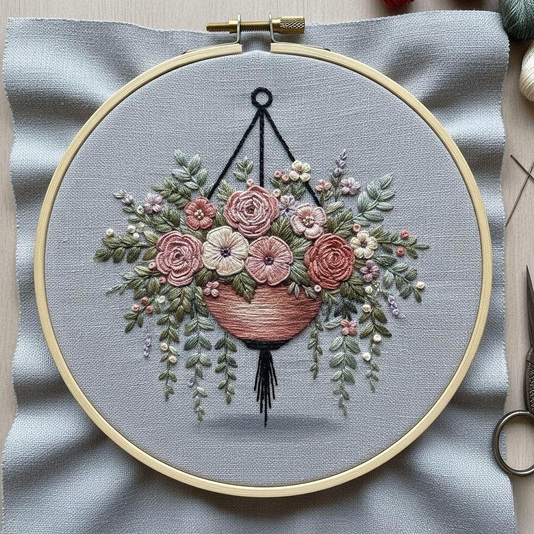 Hanging Floral Basket Embroidery Pattern, Boho Botanical Hoop Art ...