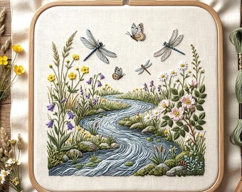 Op de afbeelding: Een gedetailleerd borduurwerk met een rivierlandschap met wilde bloemen, libellen en vlinders. Het kunstwerk is ingelijst in een vierkante houten hoepel en toont een sereen, door de natuur geïnspireerd ontwerp. Het borduurwerk gebruikt tinten groen, blauw, geel en roze.
