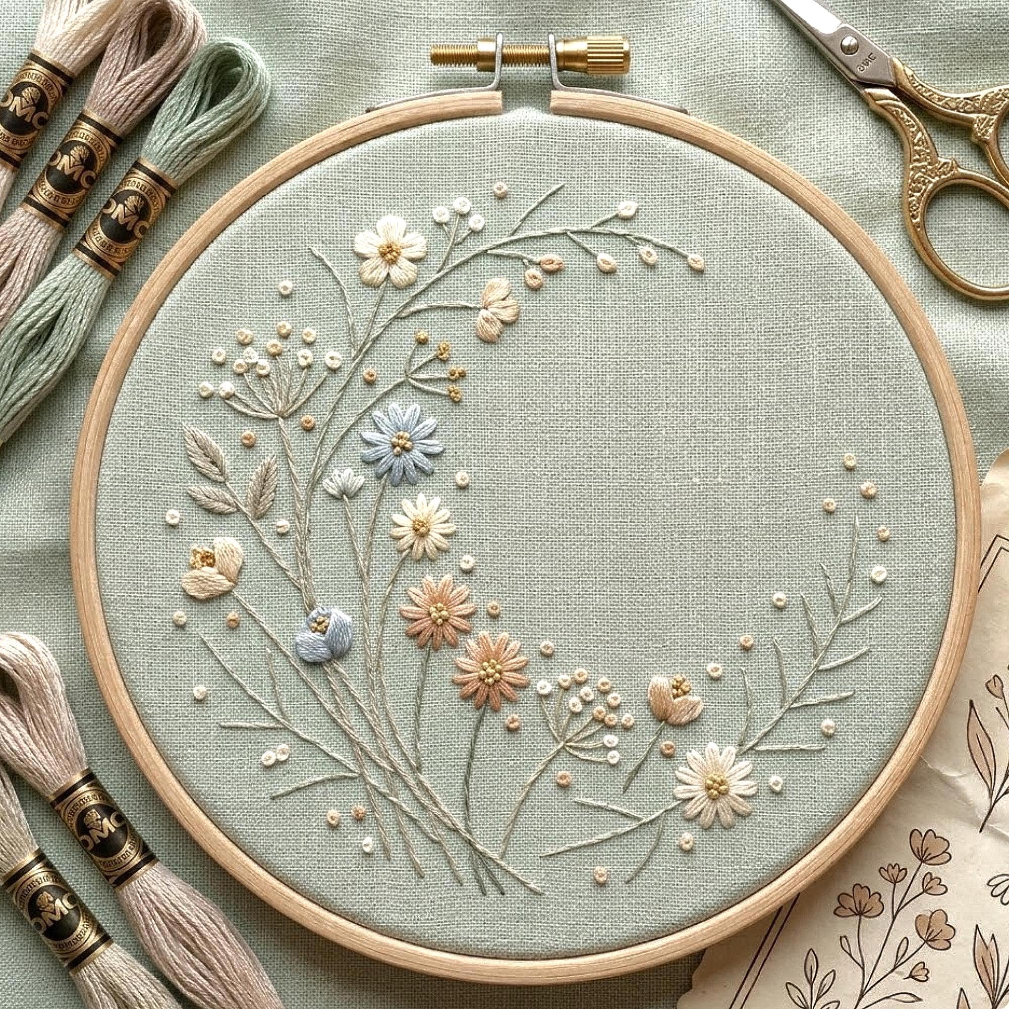Minimalist Floral Wreath Embroidery Pattern, Botanical Hoop Art ...