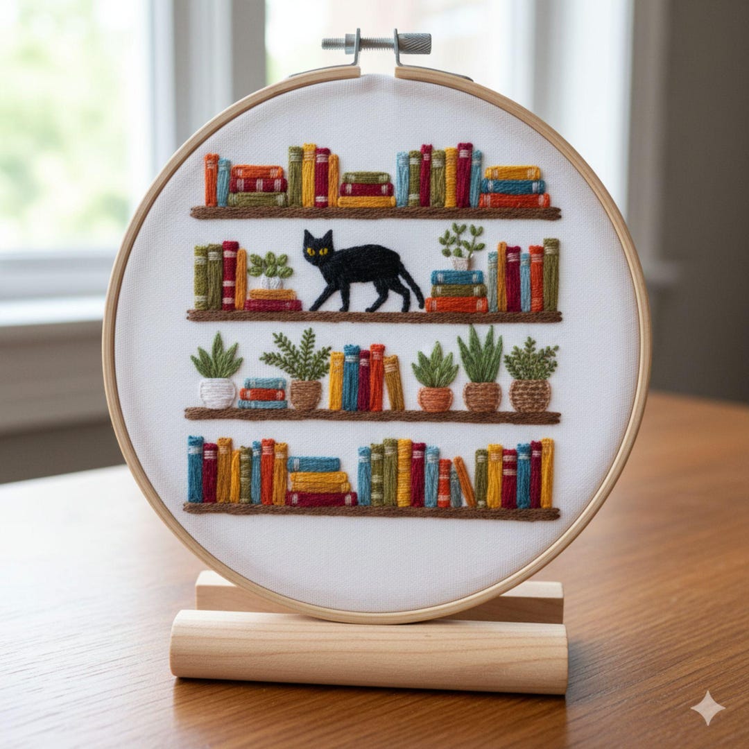 Bookshelf Cat Embroidery Pattern | Modern Cozy Hoop Art PDF | Beginner ...