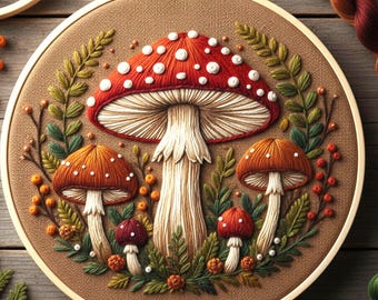 Woodland Mushroom Embroidery Pattern, Autumn Hand Embroidery Hoop Art, Beginner Nature PDF