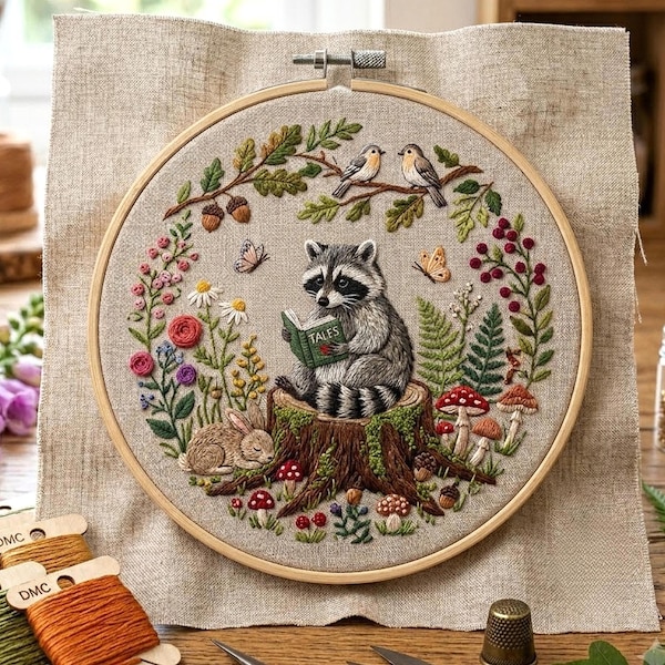 Reading Raccoon Embroidery Pattern, Woodland Forest Hoop Art (Digital Download)