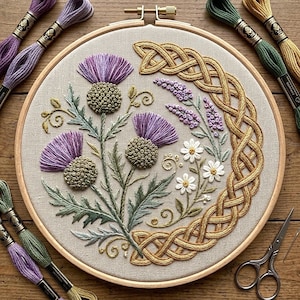 May include: An embroidery hoop containing a beige fabric panel with a hand-stitched design of purple thistle flowers, small white daisies, and lavender sprigs, framed by a golden yellow braided knot pattern, surrounded by various embroidery floss skeins.