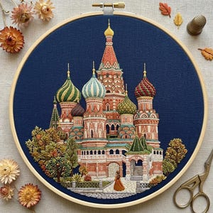 May include: Embroidery hoop featuring a detailed depiction of St. Basil's Cathedral in Moscow. The artwork showcases the cathedral's colorful onion domes and intricate architectural details, set against a deep blue fabric background. The hoop is surrounded by dried flowers and craft supplies.