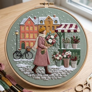 Winter Flower Market Embroidery Pattern PDF, Woman with Bouquet, Snowy European Street Hand Embroidery Design