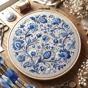 Patrón de bordado floral azul de Delft, arte botánico holandés en bastidor (descarga en PDF)
