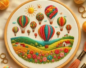 Puede incluir: Un bastidor de bordado con un paisaje colorido. El diseño incluye globos aerostáticos multicolores, flores y casas. El sol también está bordado. El bordado está enmarcado en un aro de madera.