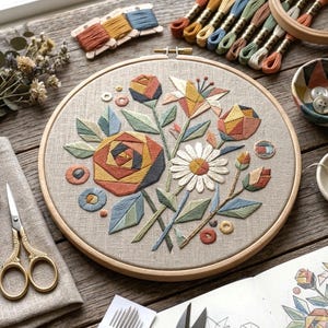 May include: An embroidery hoop containing a linen fabric piece with a geometric floral design. The pattern features stylised roses, a daisy, and buds in shades of orange, yellow, blue, and green. Embroidery floss, scissors, and needles are nearby.
