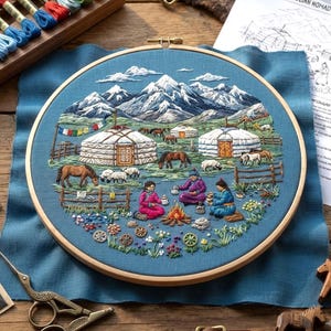 May include: A circular embroidery hoop containing a detailed needlework scene of a mountainous landscape with two white yurts, grazing horses and sheep, and three figures sitting around a small campfire on a blue fabric background.