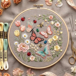 Puede incluir: Un bastidor de bordado detallado con un diseño floral e insectos. El diseño incluye mariposas, abejas, mariquitas y flores en tonos rosa, amarillo y azul. El bordado está en un bastidor de madera.
