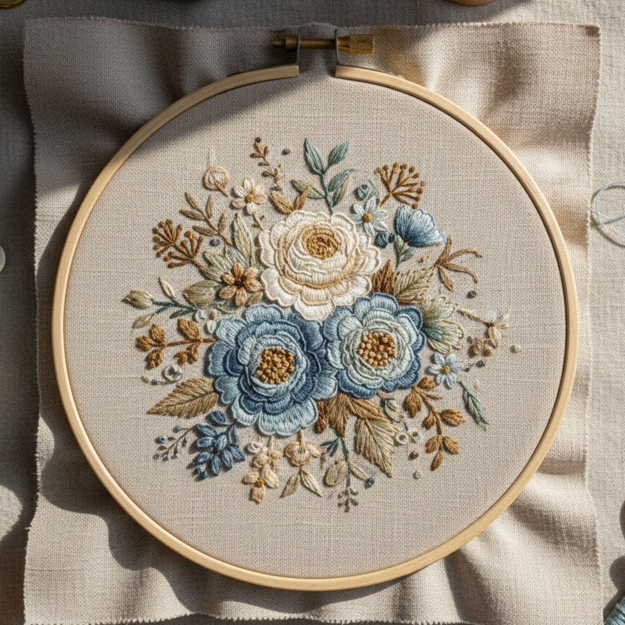 Blue Floral Hand Embroidery Pattern, Vintage Botanical Hoop Art ...
