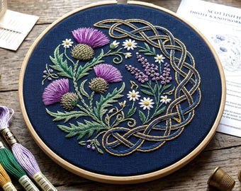 Pode incluir: Obra de arte bordada num bastidor de madeira com cardos roxos, margaridas brancas e raminhos de lavanda sobre um fundo azul marinho. Um desenho de nó celta dourado e azul emoldura o arranjo floral. O bastidor de bordado tem cerca de 20 cm de diâmetro.