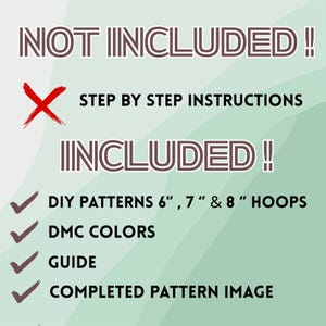 May include: A teal graphic with the words "NOT INCLUDED" and "INCLUDED" in large text. The image lists DIY patterns for 6", 7", and 8" hoops, DMC colors, a guide, and a completed pattern image.