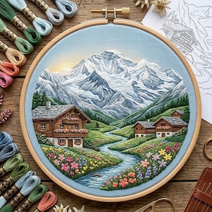 May include: An embroidered landscape scene within a wooden hoop. It depicts a mountain range, river, and traditional wooden houses. The scene is filled with colorful flowers and greenery. Embroidery threads in various shades are arranged around the hoop.
