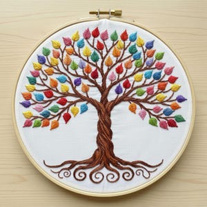 May include: A hand-stitched embroidery of a tree with a brown trunk and branches, and colorful leaves in shades of red, orange, yellow, green, blue, and purple. The embroidery is set in a round wooden hoop, creating a decorative piece.