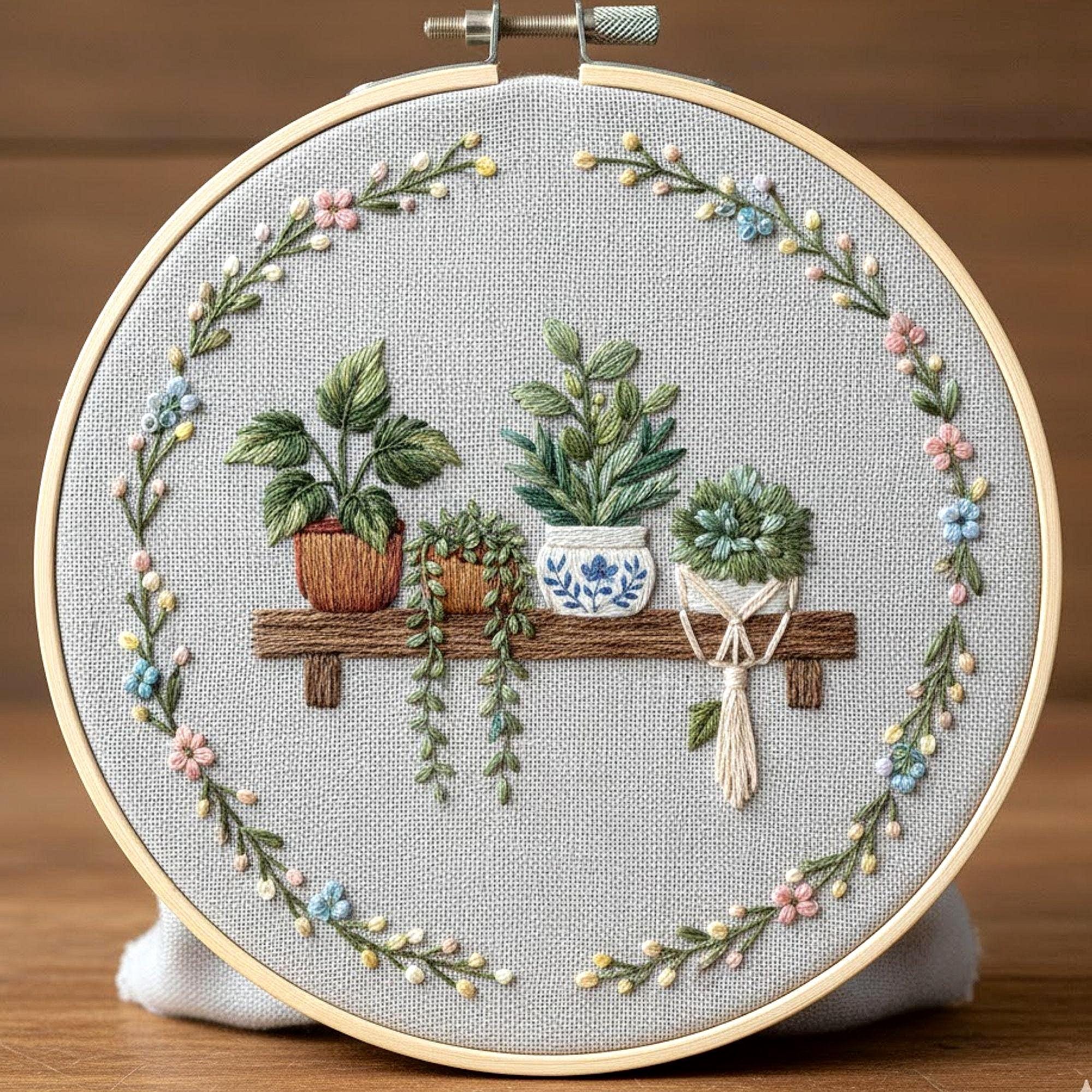 Botanical Shelf Embroidery Patterns, Floral Wreath Hand Embroidery ...