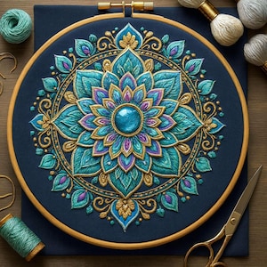 May include: A detailed embroidery hoop featuring a teal, purple, and gold floral design on a navy blue fabric. The central design is a large flower with a blue gem in the center. Embroidery thread and scissors are visible.