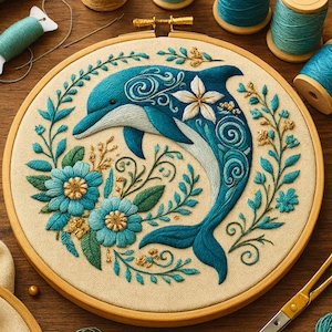 May include: Embroidered dolphin hoop art featuring a teal dolphin with white accents, surrounded by teal flowers and foliage. The design is set against a beige fabric background within a wooden hoop. Teal thread spools and embroidery tools are visible.