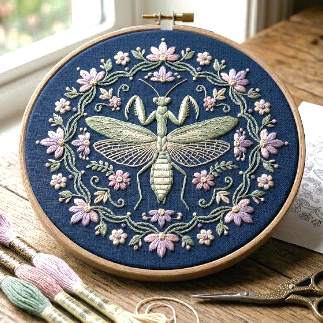 Praying Mantis Floral Wreath Embroidery Pattern, Botanical Hoop Art ...