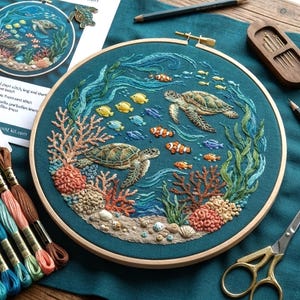 May include: A circular wooden embroidery hoop containing a fabric panel with a detailed needlepoint scene of two sea turtles swimming among coral reefs, seaweed, and small orange and yellow fish on a deep teal background with textured stitching.