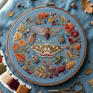 May include: A detailed embroidery hoop featuring a blue background with autumnal leaves, berries, and insects. The design includes a cicada, two moths, and several beetles, all in vibrant colors. The wooden hoop is visible.