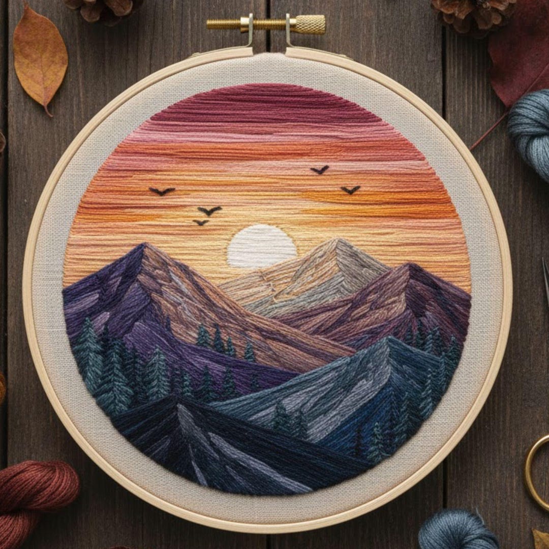 Sunset Mountain Landscape Embroidery Pattern | Modern Nature Hoop Art ...