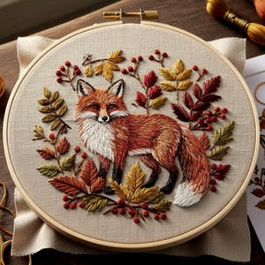 Könnte beinhalten: Gestickter Fuchs in einem Holzreifen. Der Fuchs hat orangefarbenes, weißes und schwarzes Fell und ist von Herbstblättern in Rot-, Gelb- und Grüntönen sowie roten Beeren umgeben. Die Stickerei befindet sich auf beigem Stoff.