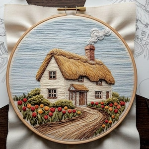 May include: Embroidered cottage scene in a wooden hoop. The cottage features a thatched roof, brick chimney, and a path lined with red and yellow flowers. The sky is light blue, and the embroidery is on a cream-coloured fabric.