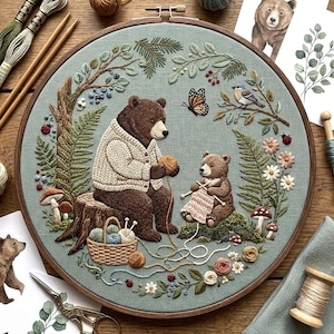 May include: A circular embroidery hoop featuring a detailed needlepoint scene of a large brown bear in a cream cardigan knitting on a tree stump, with a small bear cub knitting nearby, surrounded by ferns, mushrooms, flowers, and a butterfly.