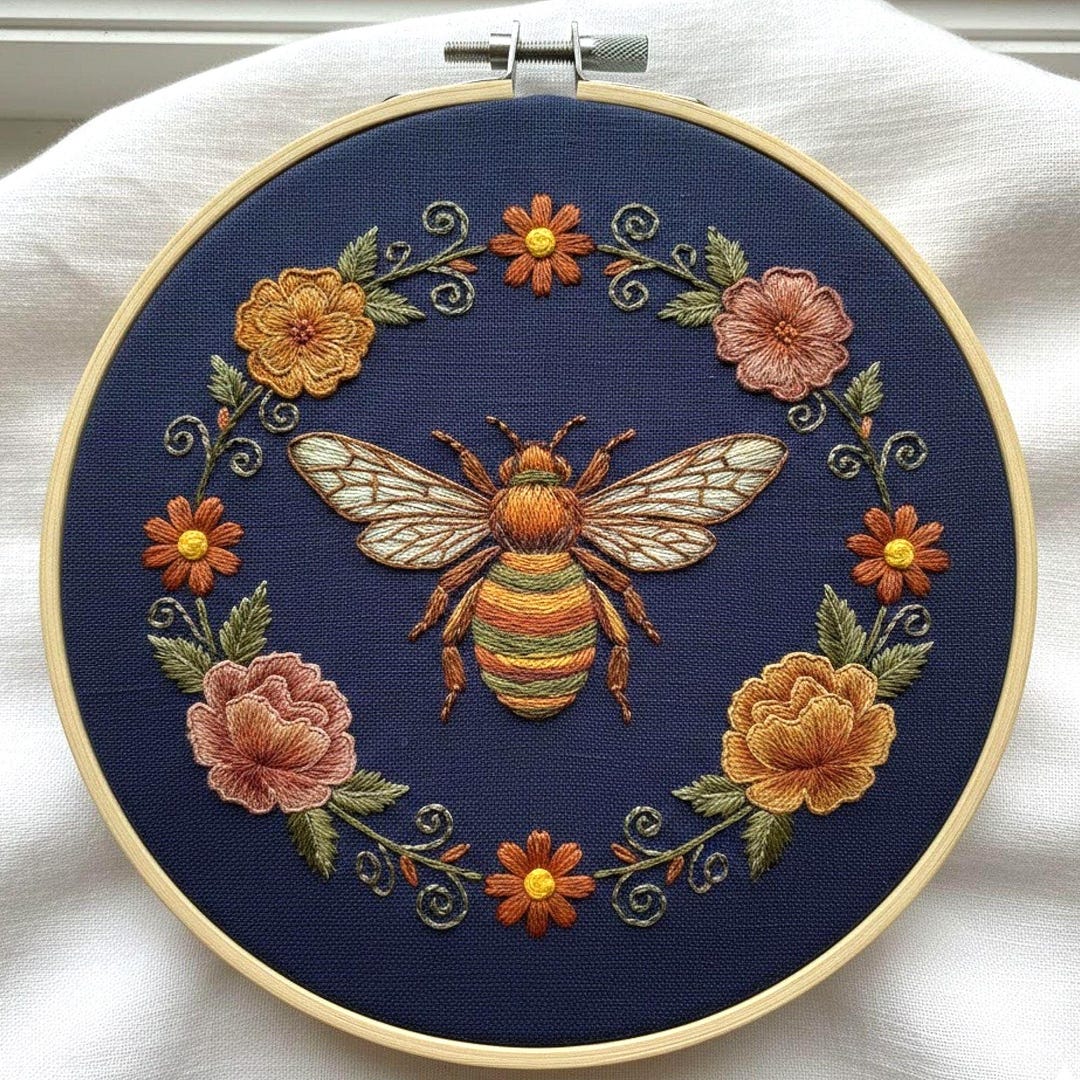 Vintage Bee Floral Wreath Hand Embroidery Pattern – Botanical Hoop Art ...