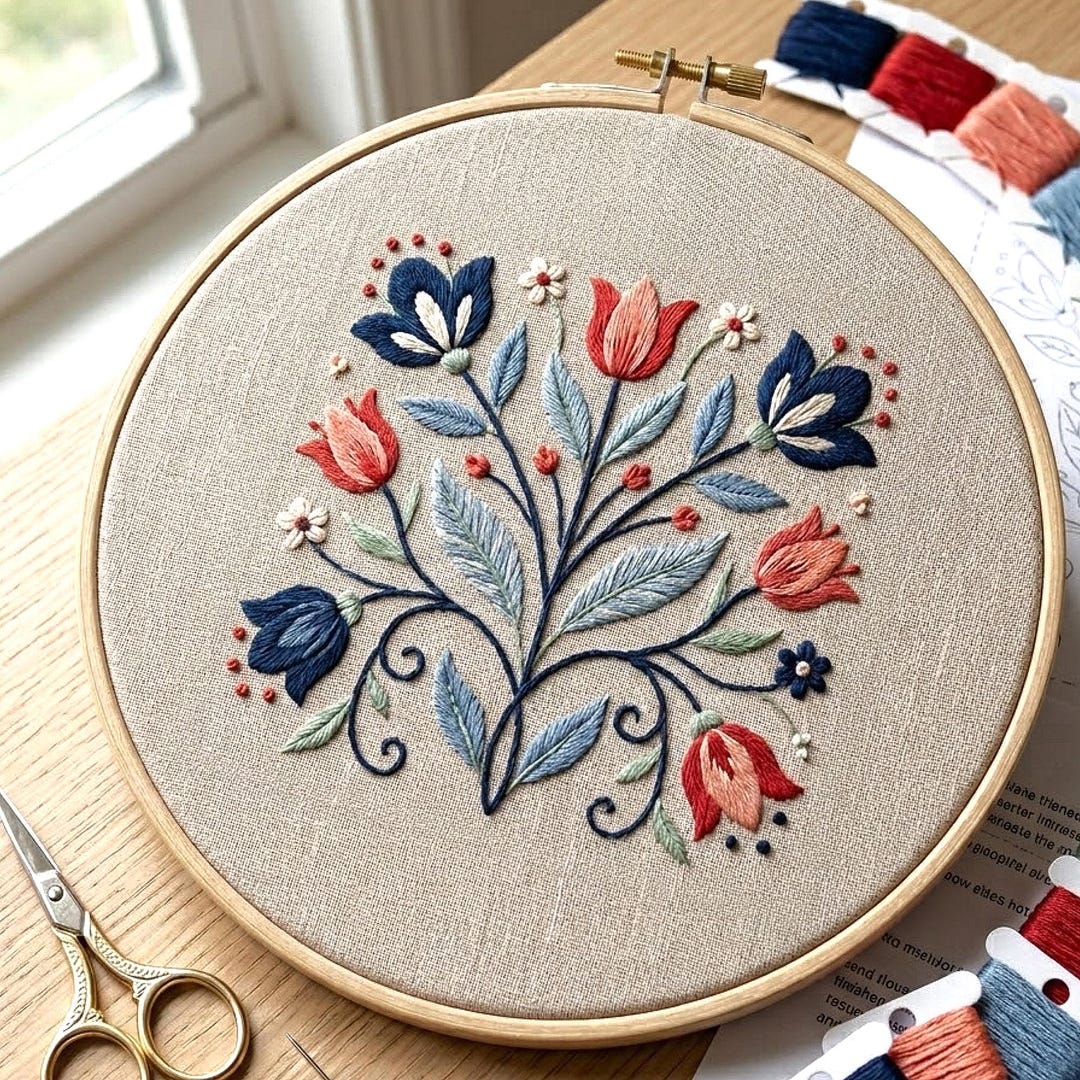 Scandinavian Floral Embroidery Pattern, Folk Art Tulip Design, Blue ...