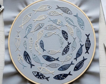Minimalist School of Fish Hand Embroidery Pattern – Modern Coastal Hoop Art PDF