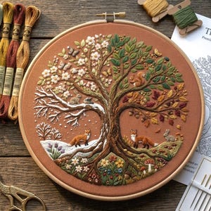 Four Seasons Tree of Life Embroidery Pattern, Woodland Nature Hoop Art (Digital Download)