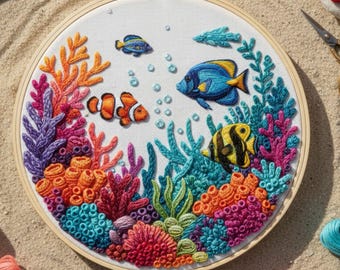 Tropical Coral Reef Hand Embroidery Pattern | Beginner Ocean Hoop Art (Digital Download)