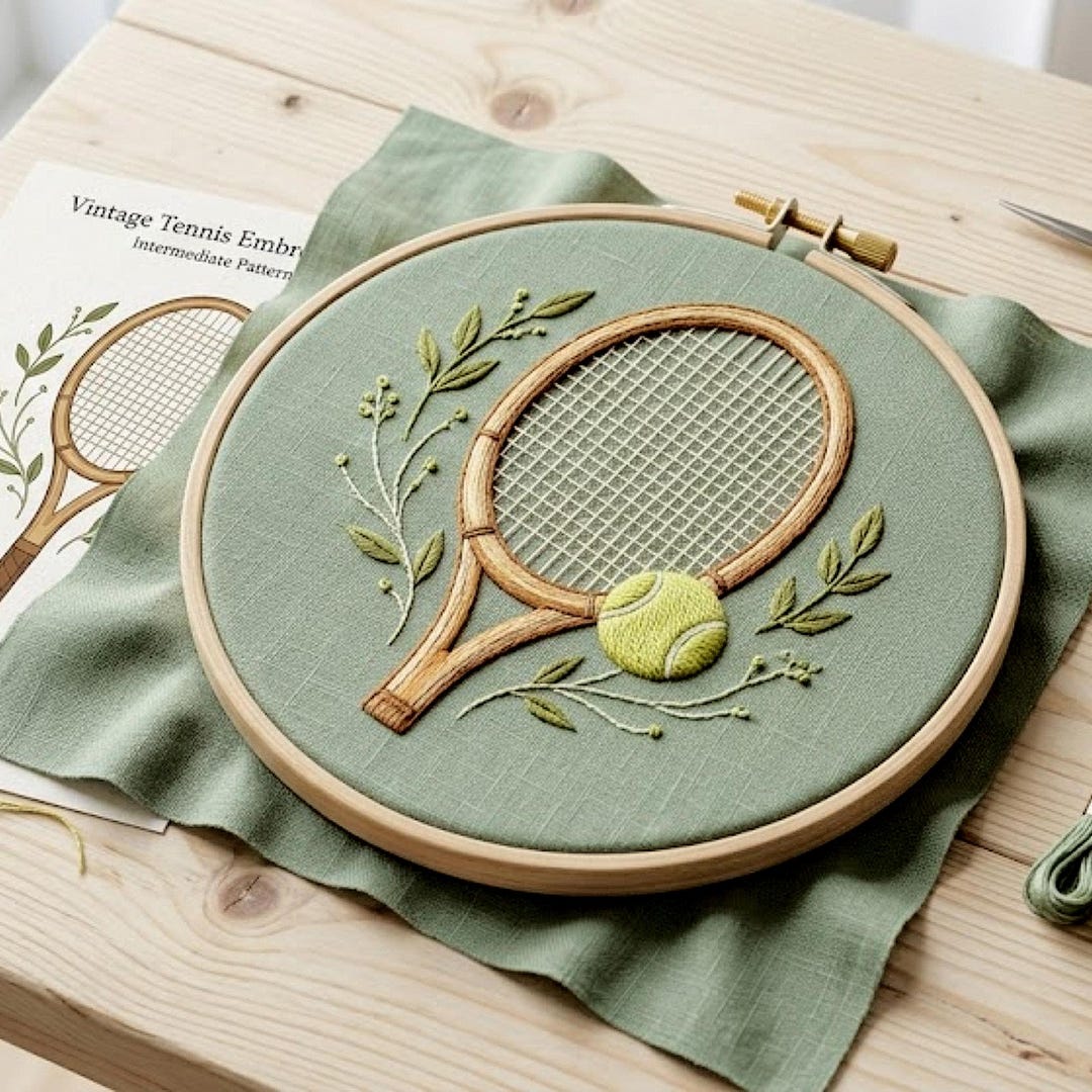 Vintage Tennis Racket Embroidery Pattern, Botanical Hoop Art (digital ...