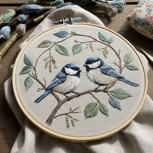 May include: Embroidered artwork in a wooden hoop, depicting two blue and white birds on a branch with green leaves. The birds are rendered in shades of blue and beige. The design is a nature-themed piece, perfect for home decor, with a diameter of approximately 20 cm.