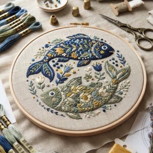 May include: A circular wooden embroidery hoop containing a beige fabric panel with a hand-stitched design of two fish facing opposite directions. The fish are decorated with intricate floral patterns in shades of navy blue, sage green, and yellow.