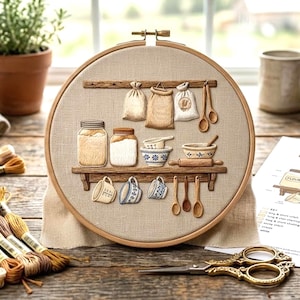 May include: A detailed embroidery hoop art piece featuring a kitchen scene with flour sacks, jars, bowls, and spoons. The design includes a wooden shelf with various kitchen items, all in neutral tones. The embroidery is set against a beige fabric background.