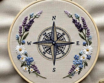 Motif floral de broderie à la main rose des vents – PDF