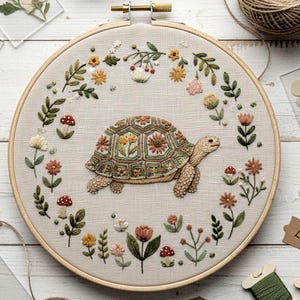 May include: Embroidered turtle art in a wooden hoop. The turtle has a detailed shell with floral patterns in shades of green, brown, and yellow. The design is surrounded by embroidered flowers, leaves, and mushrooms on a beige fabric.