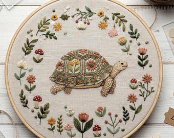 Floral Turtle Embroidery Pattern – Woodland Hand Embroidery Hoop Art