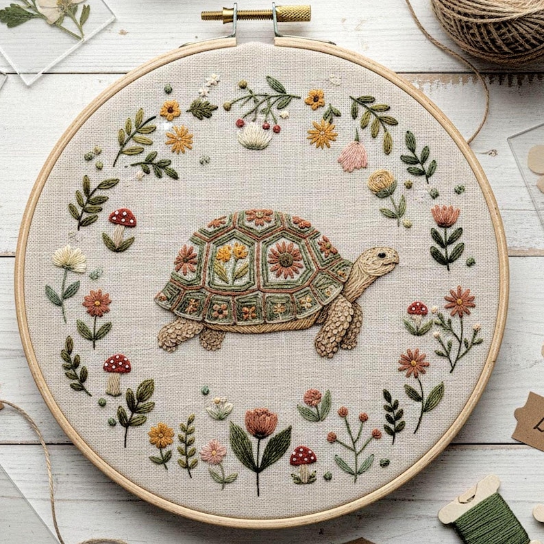 May include: Embroidered turtle art in a wooden hoop. The turtle has a detailed shell with floral patterns in shades of green, brown, and yellow. The design is surrounded by embroidered flowers, leaves, and mushrooms on a beige fabric.