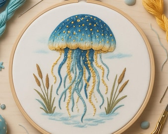 Watercolor Jellyfish Embroidery Pattern | Coastal Hoop Art (PDF Pattern)