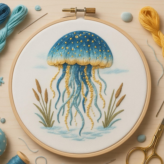 Watercolor Jellyfish Embroidery Pattern | Coastal Hoop Art (PDF Pattern)