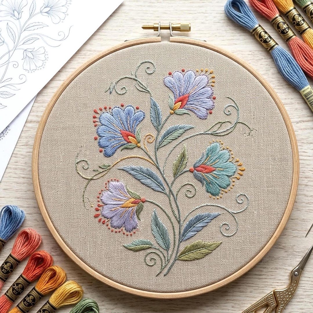 Vintage Blue Floral Embroidery Pattern, Botanical Hoop Art (digital ...