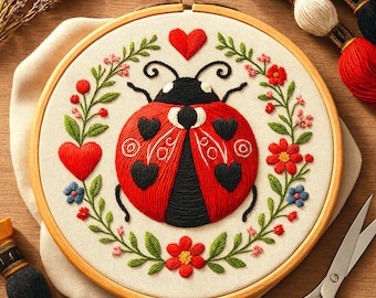 Borduurpatroon met bloemen lieveheersbeestje hart • Borduurwerk voor beginners (pdf)
